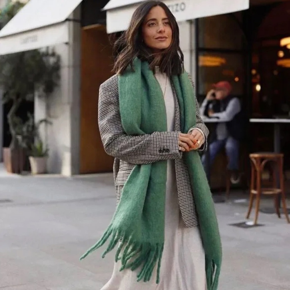 Mango Fringed Edge Long Scarf Oversized In Green NWT Bloggers’ Favorite!